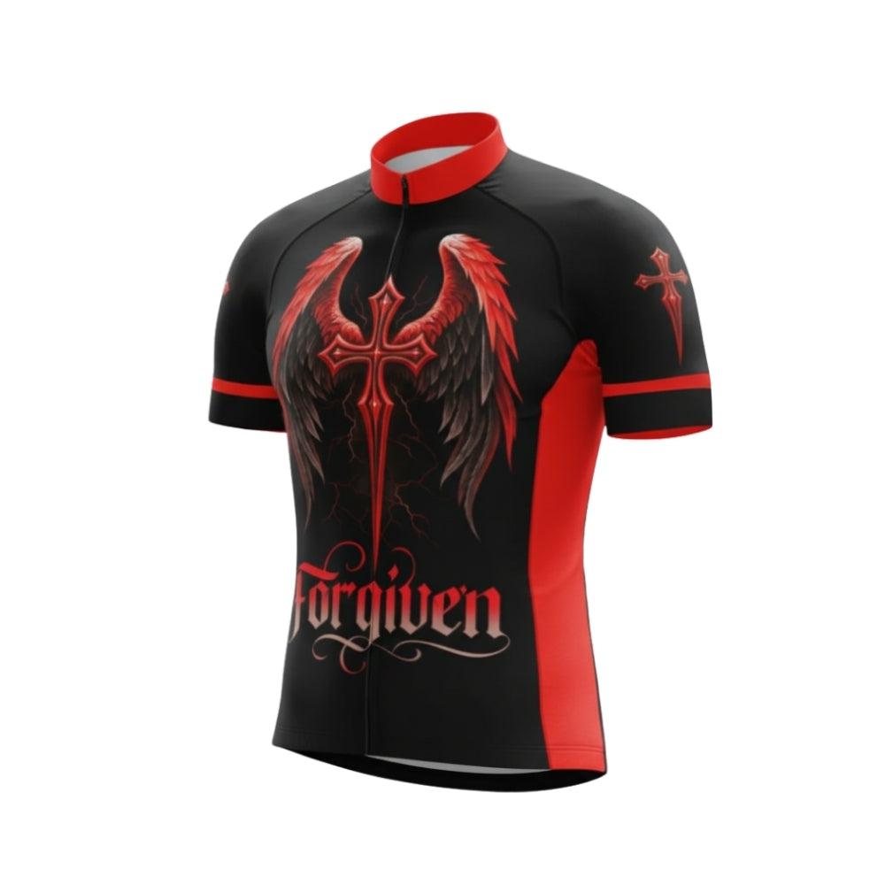 Black And Red Forgiven Cross Cycling Short Sleeve Men Jersey, Christian Cycling Jerseys CG0540