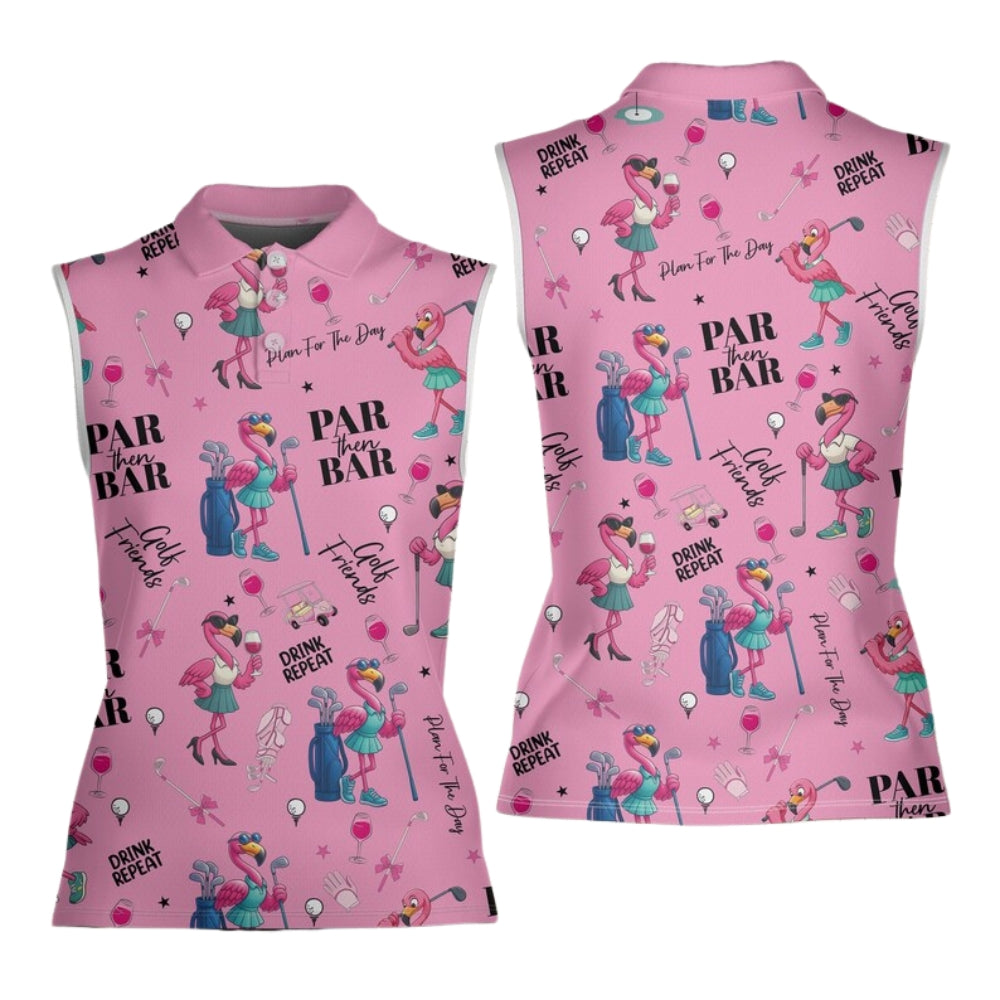Flamingo Par The Bar Pink Sleeveless Golf Shirt Women, Funny Flamingo Golf Shirts For Ladies GE0378