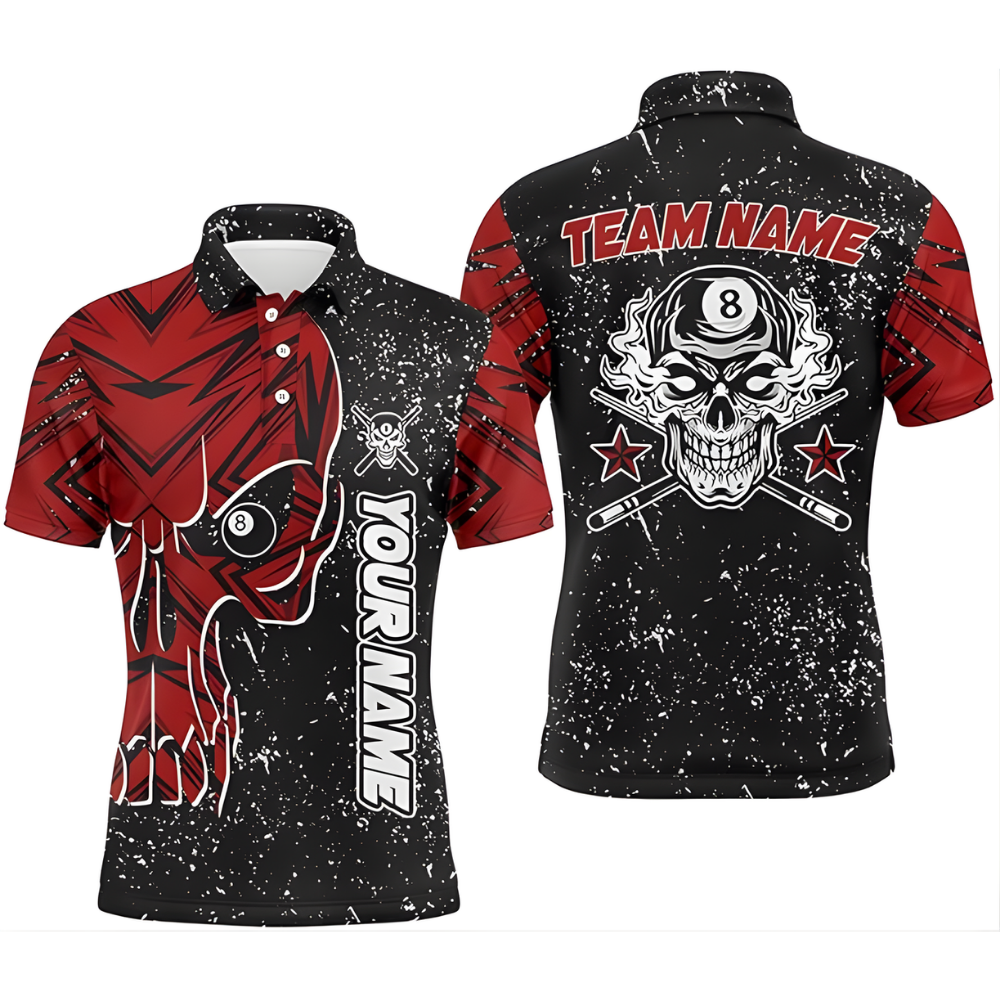 Black And Red Custom Grunge Skull Billiard Men Polo Shirts, Custom Skull Billiard Team Shirts BIZ0210