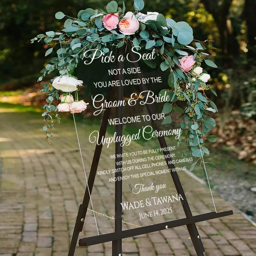 Personalized Pick A Seat Not A Side Unplugged Wedding Welcome Acrylic Sign, Personalized Unplugged Ceremony Wedding Sign WD0099