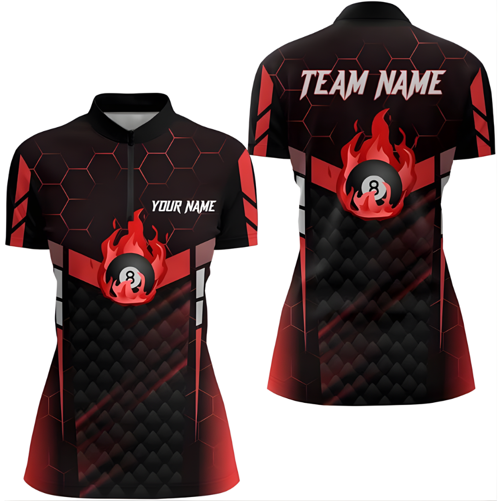 Custom Black Red Flame 8 Ball Billiard Team Jersey For Women, Custom Pool Billiard Shirts For Ladies BIZ0208