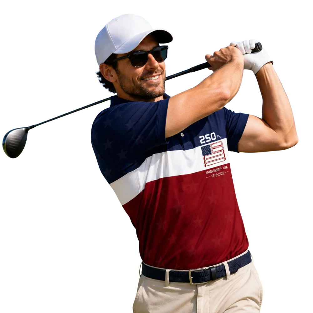 250th Anniversary USA 1776-2026 Navy White Red Golf Polo Shirt Men, 4th Of July Patriotic Golf Shirts GE0485