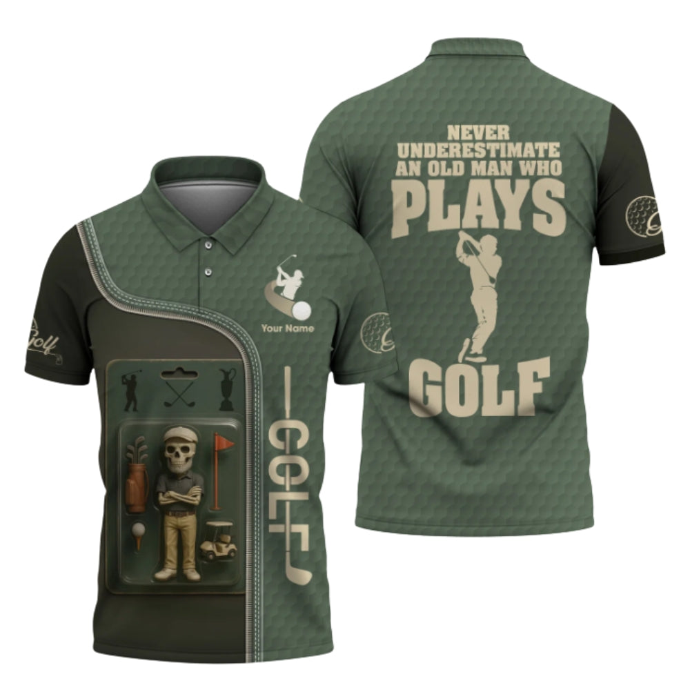 Never Underestimate An Old Man Who Plays Golf Custom Skull Golf Polo Shirt For Men, Custom Funny Golf Shirts GZ0241