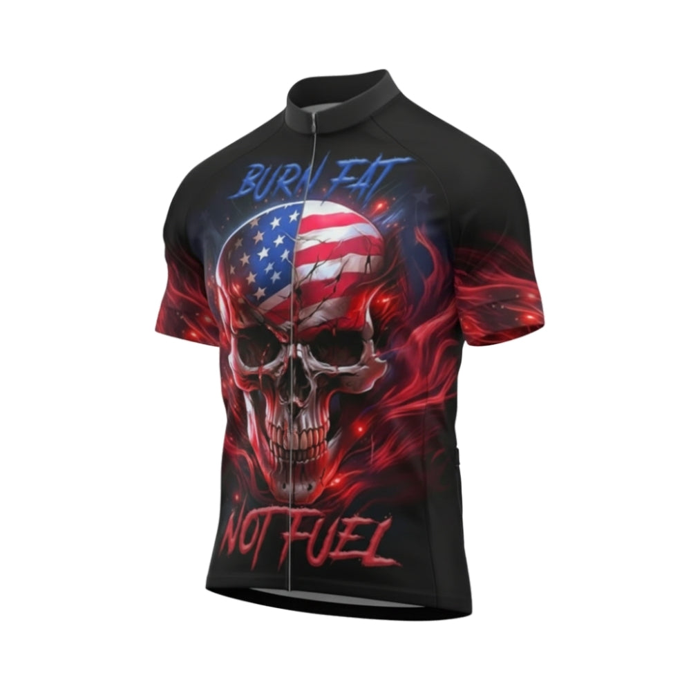 Burn Fat Not Fuel American Flag Skull Cycling Short Sleeve Men Jersey, Patriotic Skull Cycling Jerseys CG0554