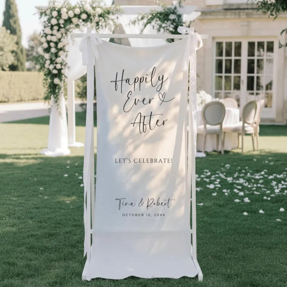 Personalized Happily Ever After Wedding Fabric Welcome Banner, Personalized Minimalist Wedding Welcome Banner WD0251