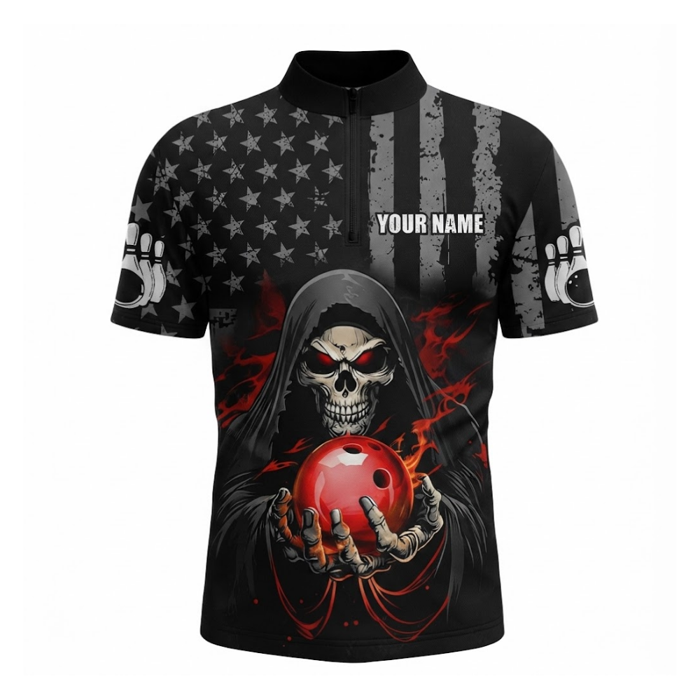 Custom Skeleton USA Flag Bowling Jersey For Men, Custom Skull Bowling Shirts BZ0668