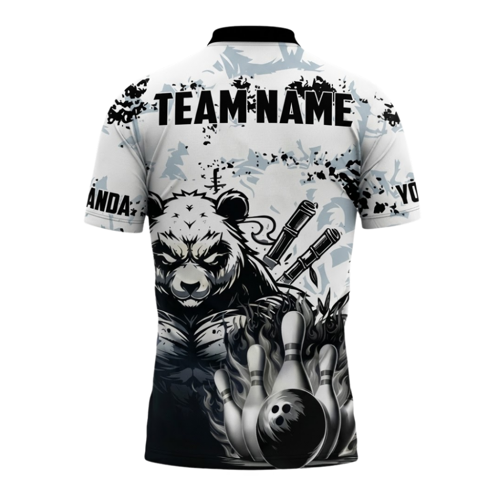 Custom Panda Bowling Polo Shirts Mens Black White, Custom Panda Bowling Shirt For Team BZ1099