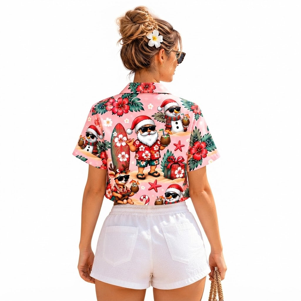 Tropical Santa Pink Hawaiian Shirt For Women, Funny Christmas Hawaiian Shirt With Pocket HE0873