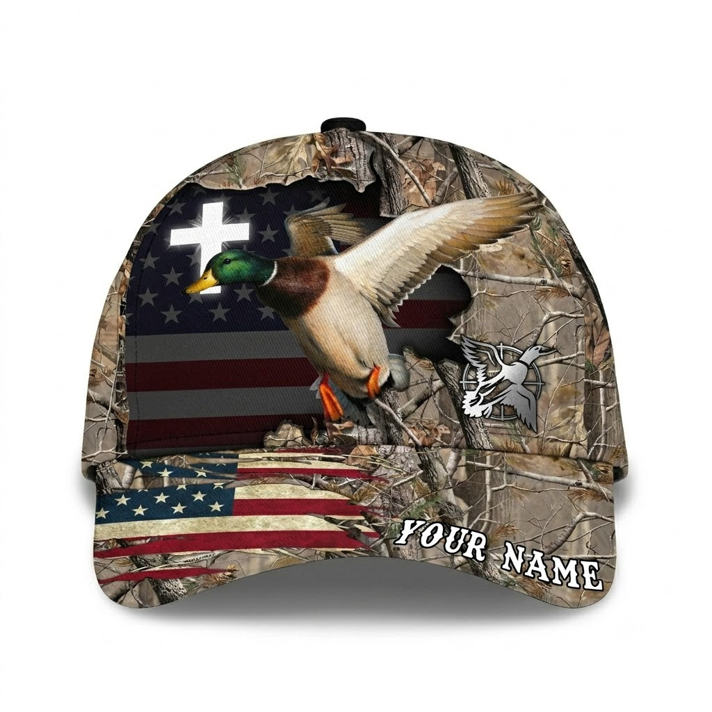 Custom Mallard Duck Cross Baseball Cap USA Flag, Personalized Duck Hunting Hat CP0731