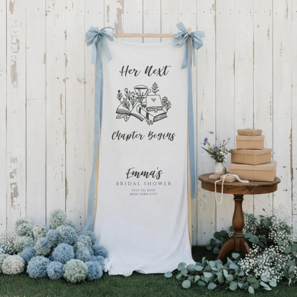 Custom Next Chapter Begins Bridal Shower Fabric Welcome Banner For Book Lover, Bookish Bridal Shower Welcome Fabric Sign WD0256