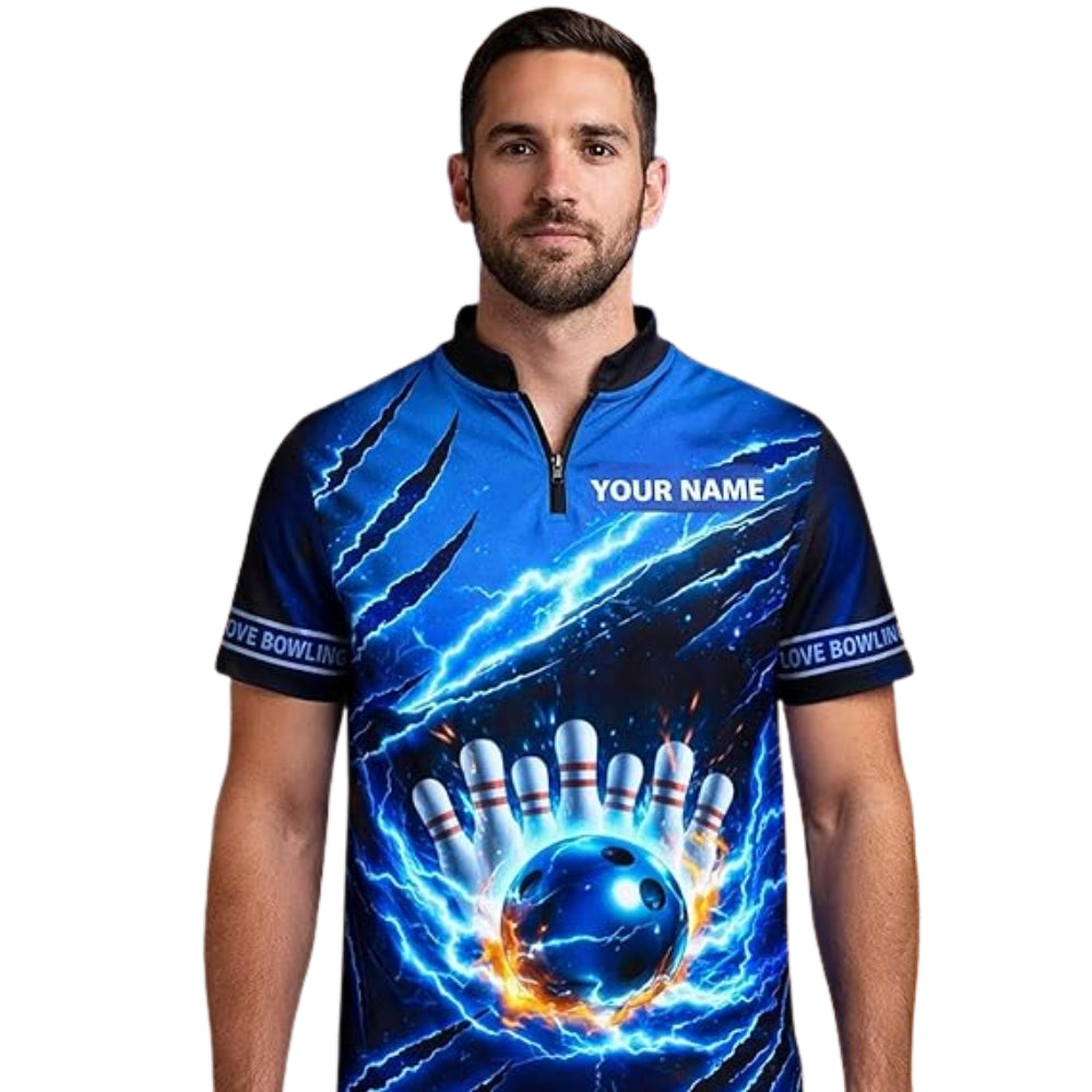 Custom Thunder Lightning Blue Bowling Men Jersey, Custom Team Bowling Shirts BZ0382