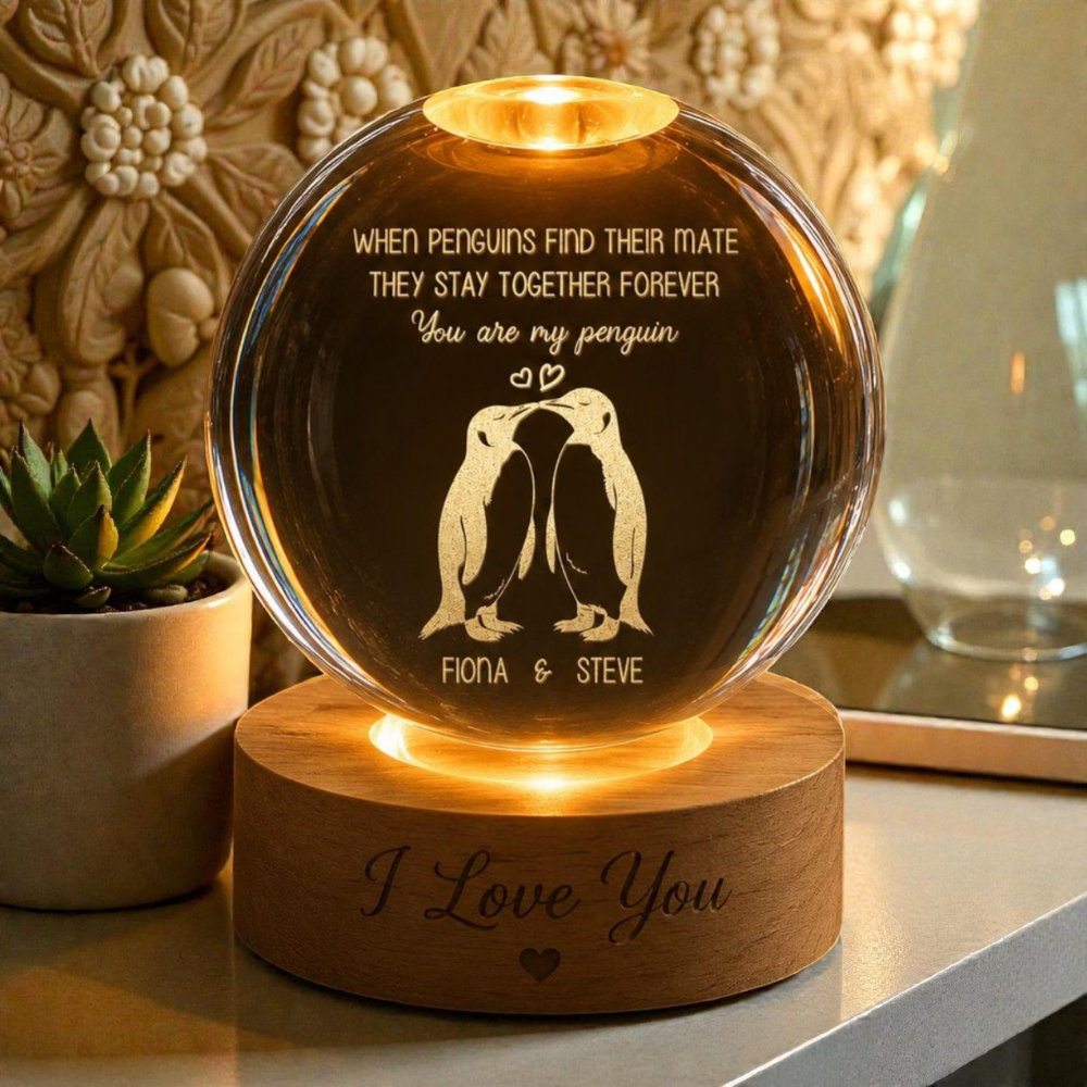 You Are My Penguin Custom Crystal Ball Led Night Light With Couple Name, Custom Penguin Wedding Keepsake Night Light WD0857