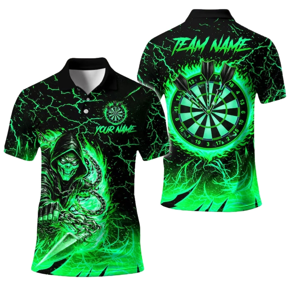 Custom Skull Flame Yellow Darts Polo Shirt Mens, Custom Skull Dart Team Shirts DE0096