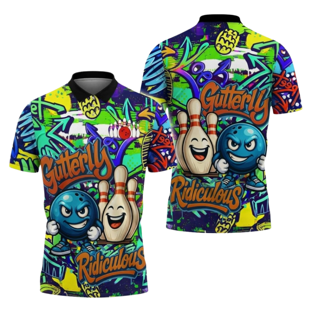 Gutterly Ridiculous Custom Graffiti Bowling Polo Shirts For Men, Custom Funny Bowling Team Shirts BZ1058