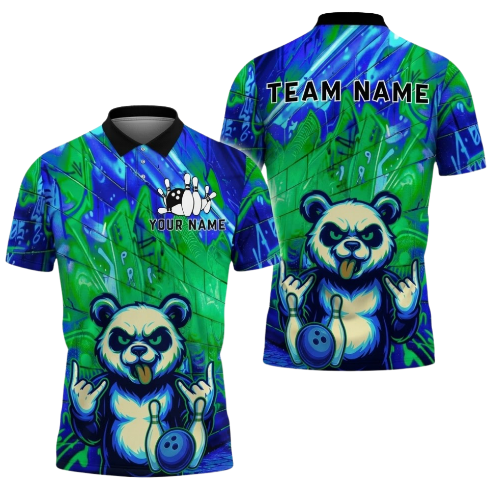 Custom Panda Neon Bowling Polo Shirt For Men, Custom Panda Bowling Team Shirts BZ0778