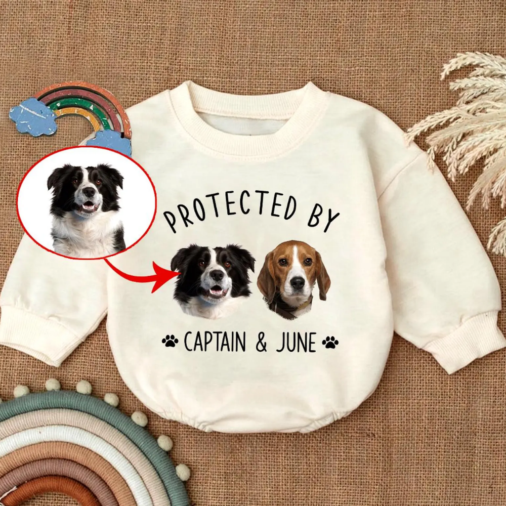 Custom Photo Protected By Dog Name Baby Romper Sweatshirt, Personalized Dog Lover Romper Sweatshirt For Baby BB0099