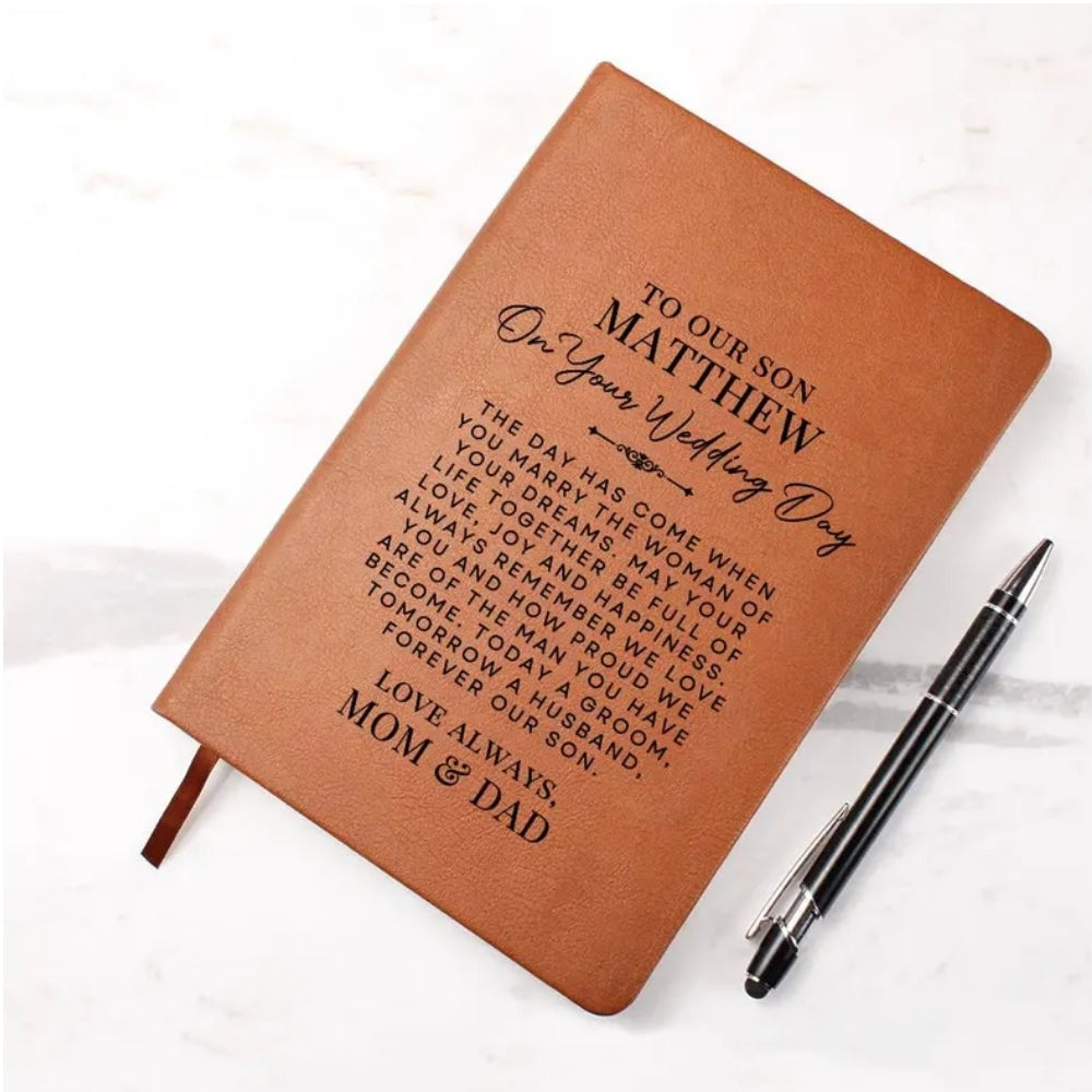 Our Son On His Wedding Day Personalized Leather Journal, Personalized Wedding Leather Journal For Son WD0145