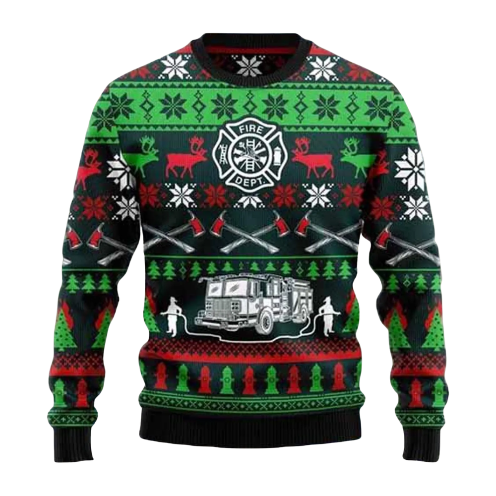 Fire Department Ugly Christmas Sweatshirt Green Black Red, Firefighter Ugly Sweater For Christmas 2D1251