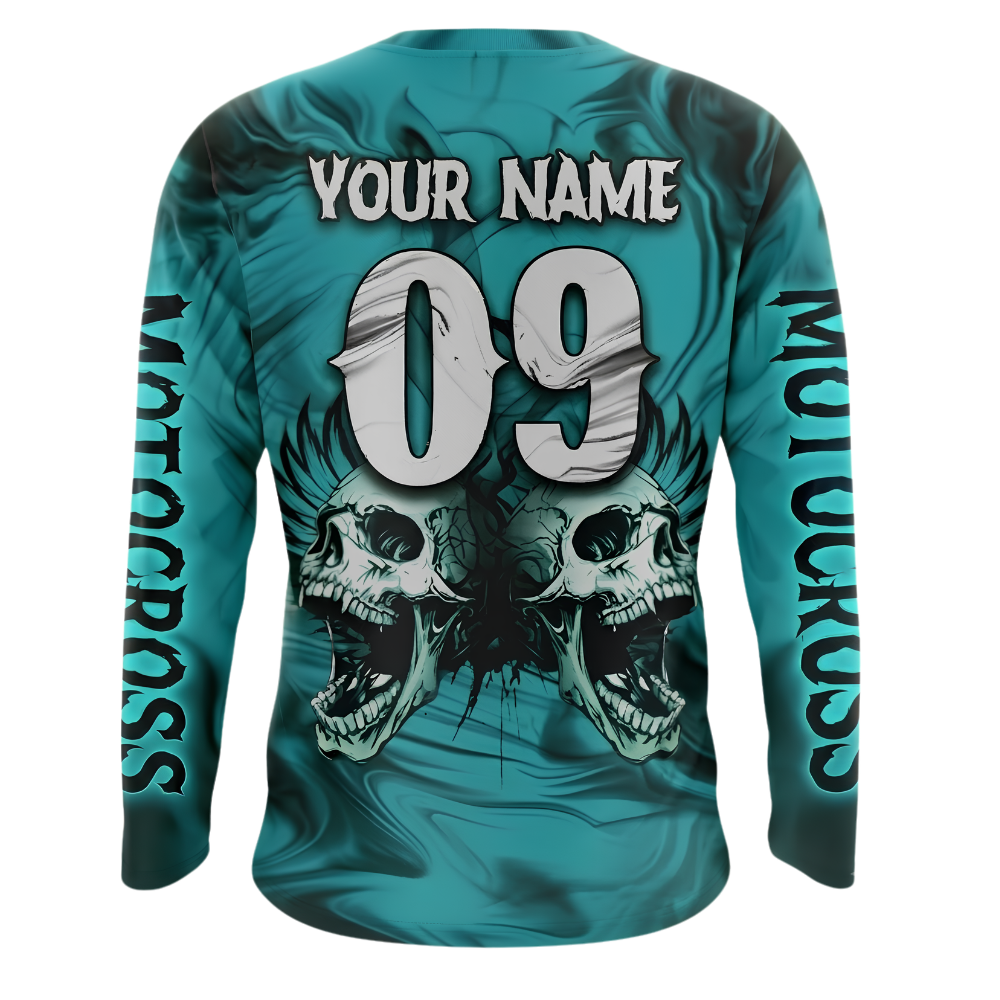 Custom Skull Cyan Motocross Long Sleeve Racing Jersey For Men, Custom Skull Dirt Bike Shirts MZ0141