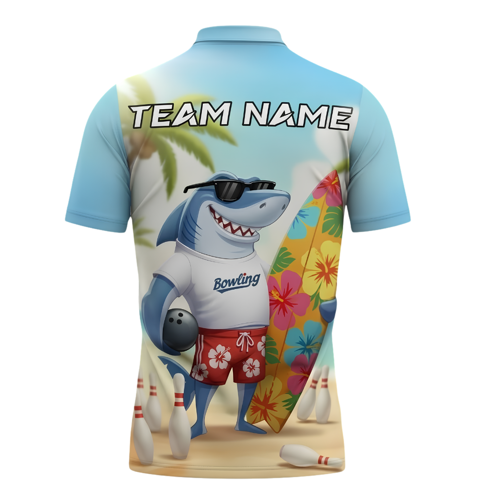 Custom Funny Shark Tropical Bowling Polo Shirt For Men, Custom Shark Bowling Team Shirts BZ1021