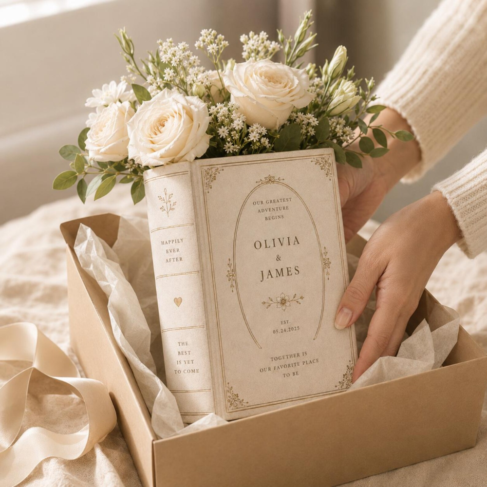 Personalized Our Greatest Adventure Begins Wedding Ceramic Book Vase, Personalized Wedding Book Vase WD0608