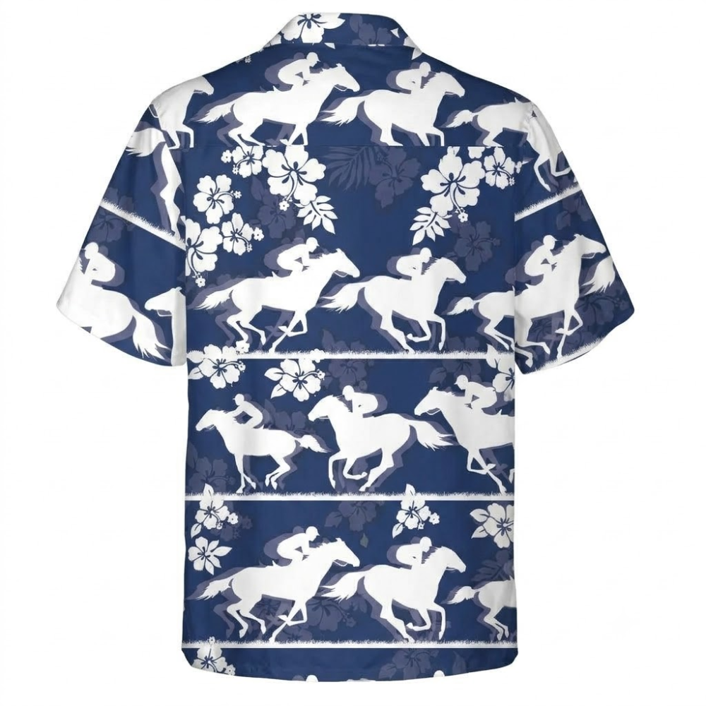 Horse Racing Tropical Mens Hawaiian Shirt Blue White, Horse Racing Hawaiian Shirt HE0770