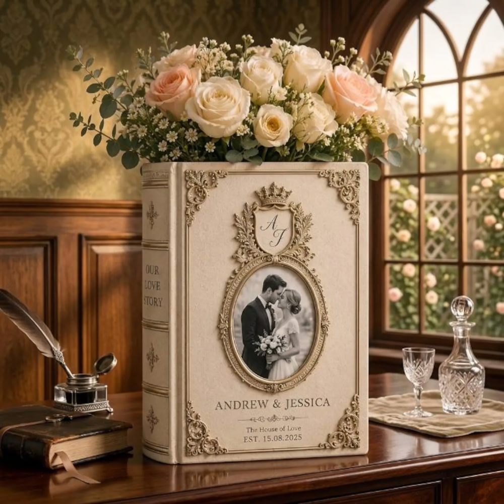 Custom Photo Couple Vintage Wedding Ceramic Book Vase, Custom Wedding Book Vase With Picture WD0604