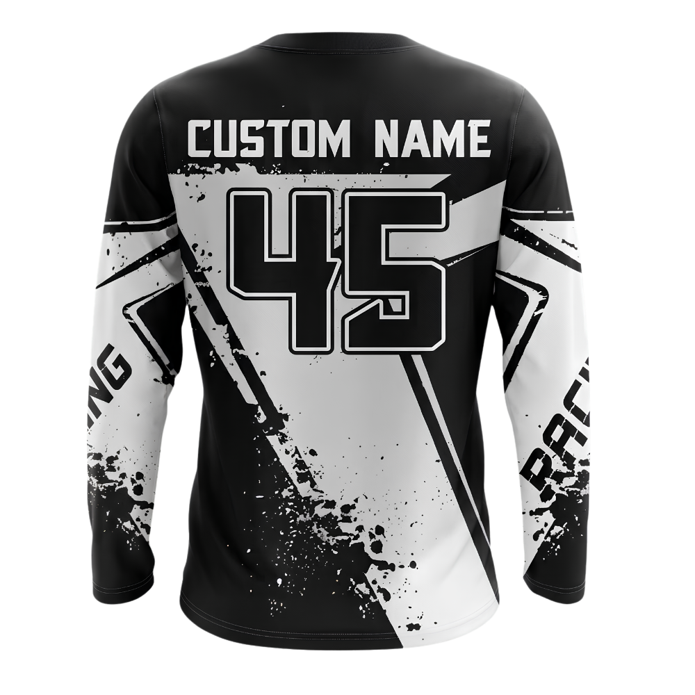 Custom Name Number Men's Black And White Dirt Bike Long Sleeve Racing Jersey, Custom Dirt Bike Shirts MZ0133