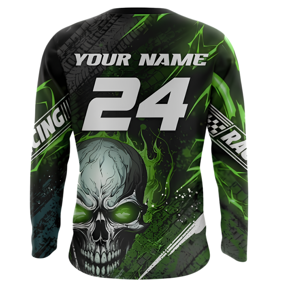 Custom Skull Rider Men's Green Black Dirt Bike Long Sleeve Racing Jersey, Custom Skull Dirt Bike Shirts MZ0140