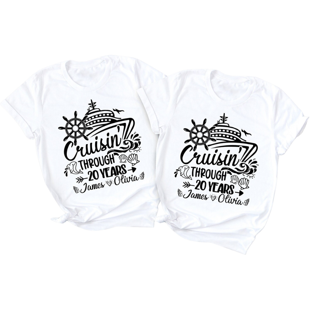 Cruisin' Through 20 Years Custom Couple Name Anniversary Matching T Shirt, Personalized Cruise Anniversary Shirt His And Her ET1274