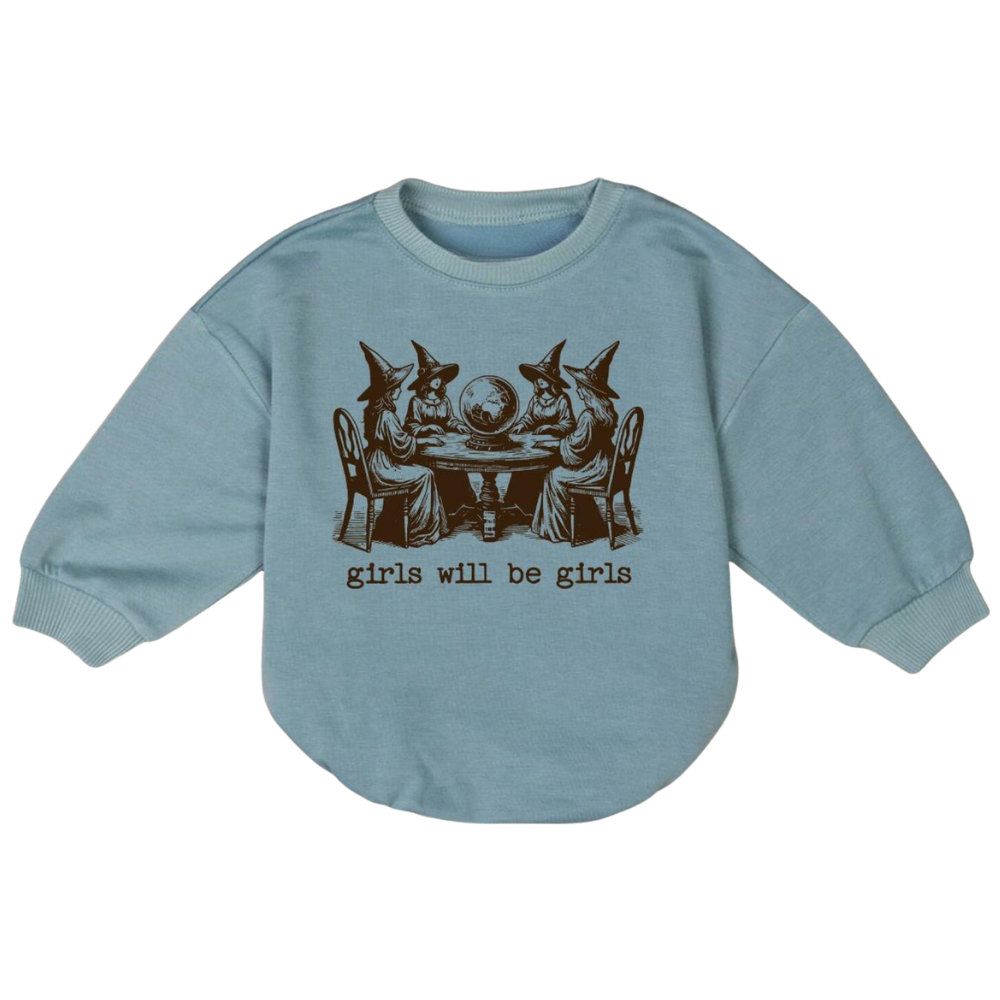 Girls Will Be Girls Witch Baby Romper Sweatshirt, Halloween Baby Romper Sweatshirt BB0012
