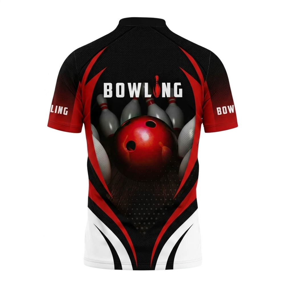 Custom Mens Bowling Polo Shirt Black And Red, Custom Bowling Shirts BZ0837