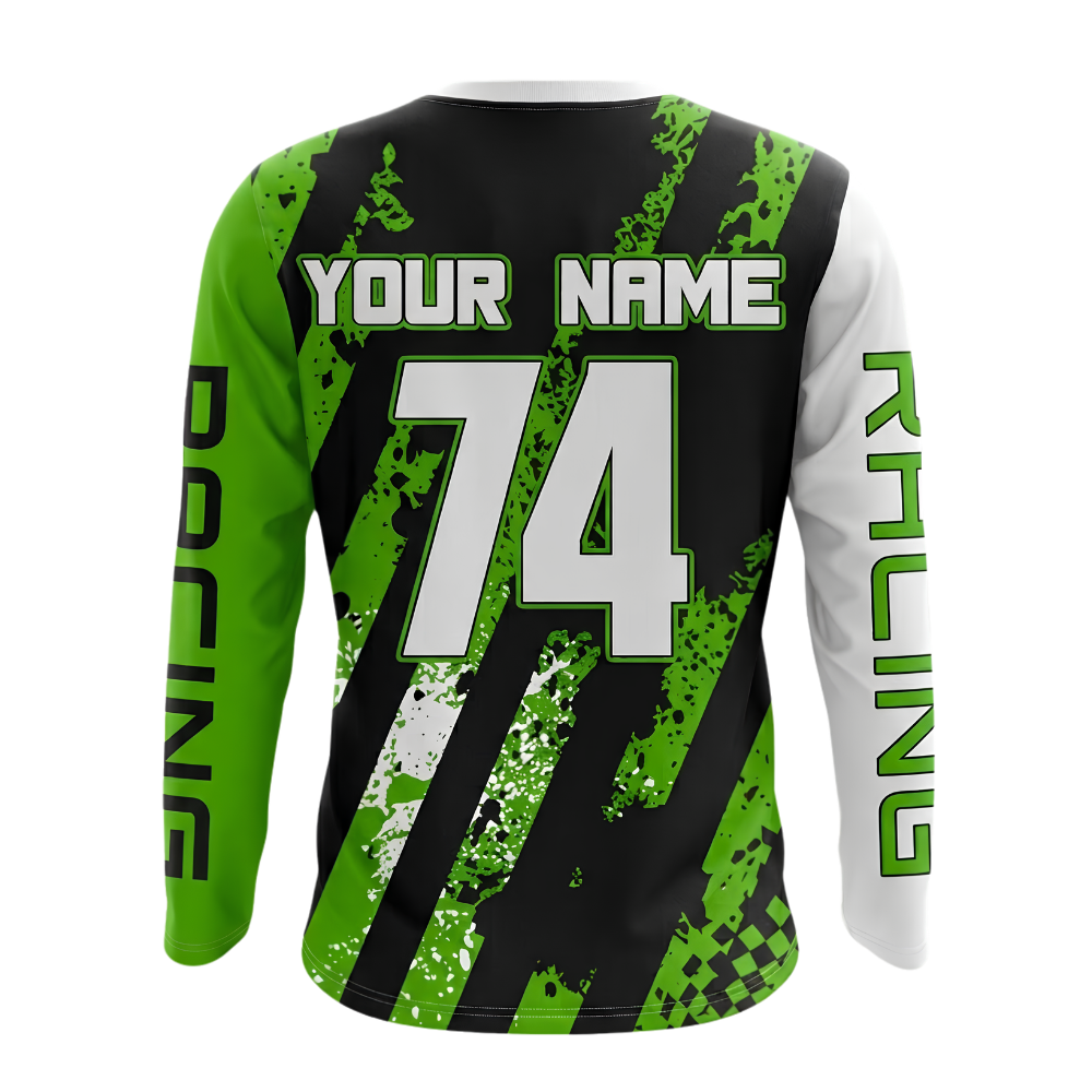 Custom Skull Rider Men's Green Motocross Long Sleeve Jersey, Custom Skull Dirt Bike Shirts MZ0137