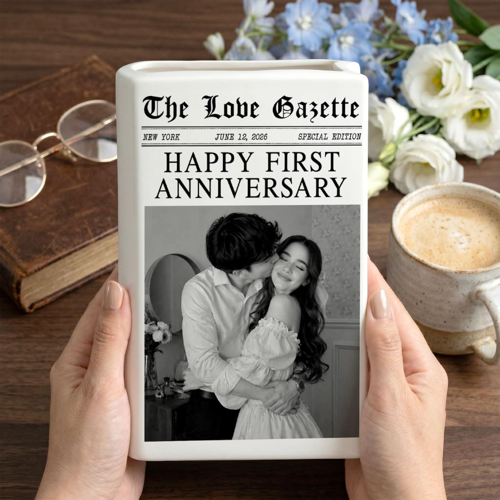 Happy First Anniversary Custom Photo Magazine Ceramic Book Vase For Couple, Custom 1st Wedding Anniversary Book Vase WD0637