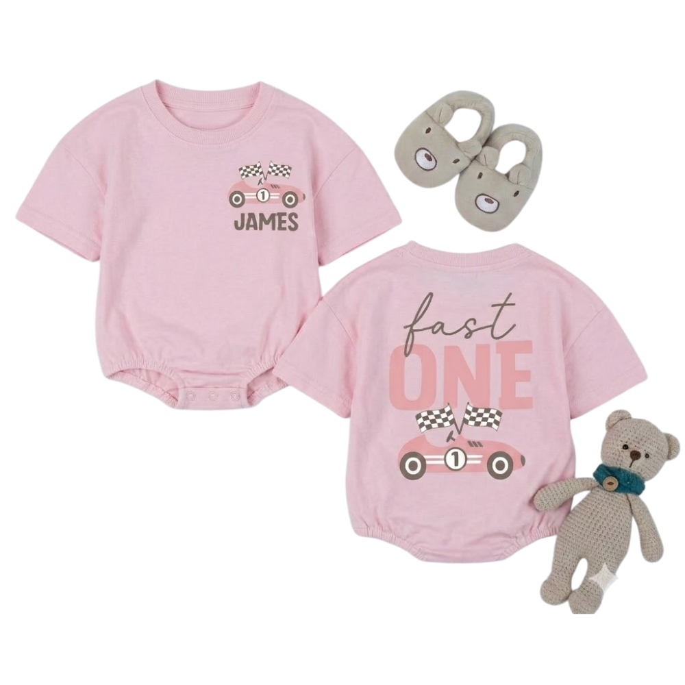 Custom Name Fast One Birthday Baby T Shirt Romper, Custom Racing First Birthday Baby Romper BB0267