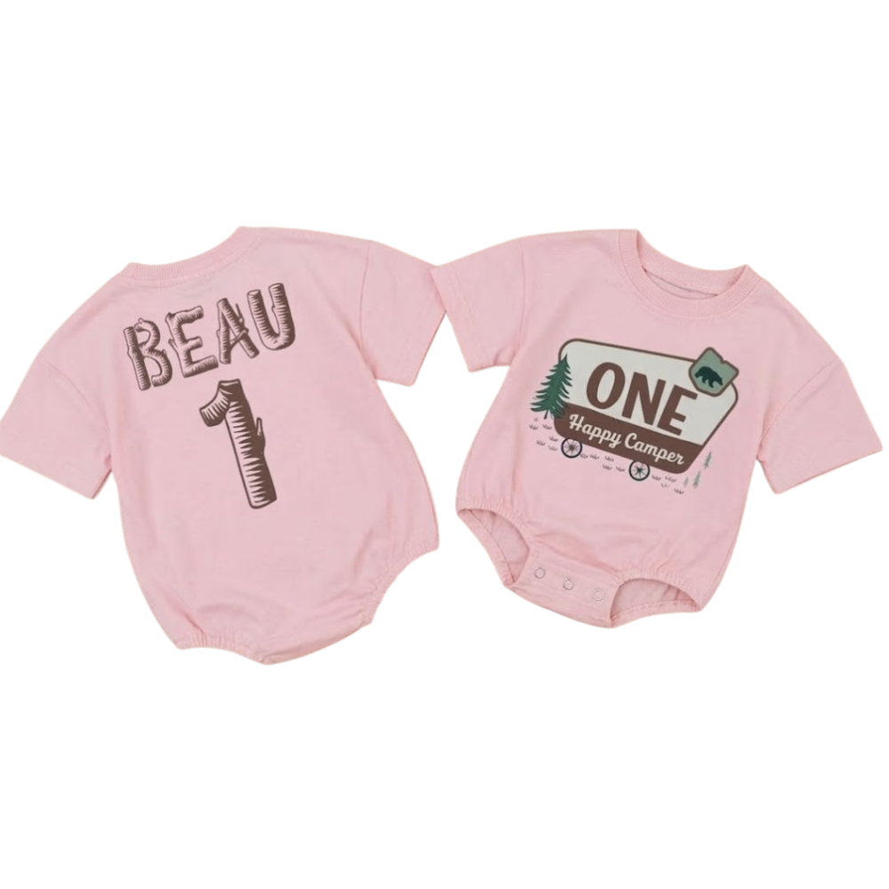 Custom One Happy Camper Baby T-Shirt Romper, Custom 1st Birthday Baby Romper BB0023