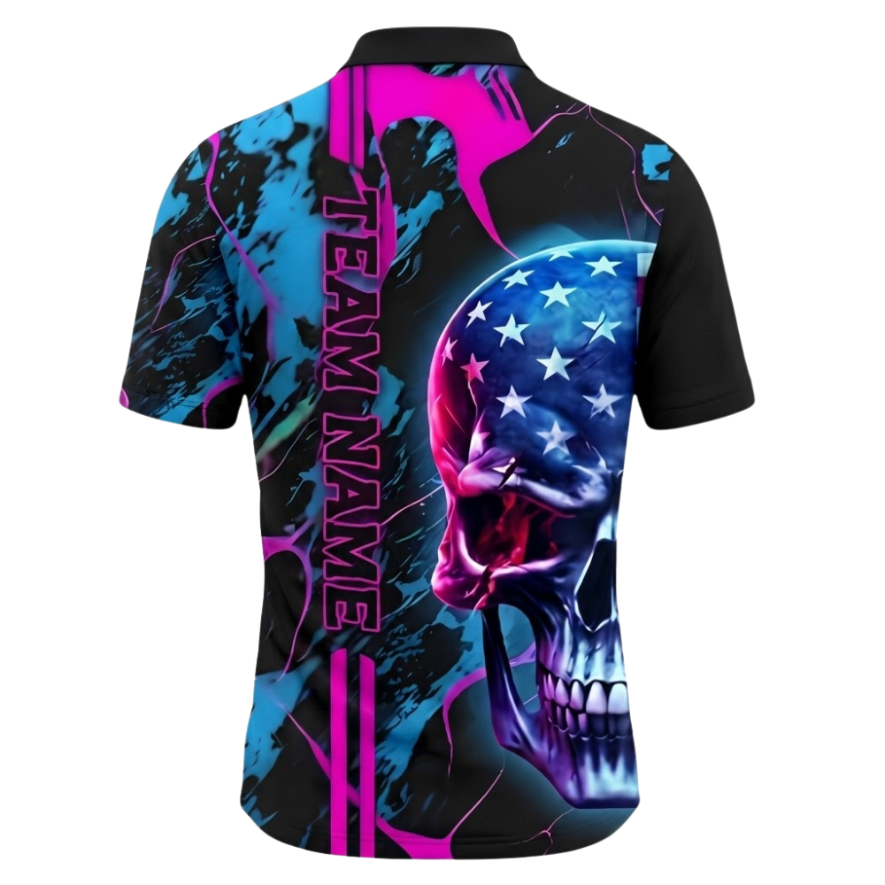 Custom Skull USA Flag Bowling Polo Shirt Men, Custom Skull Bowling Team Shirt BZ0874