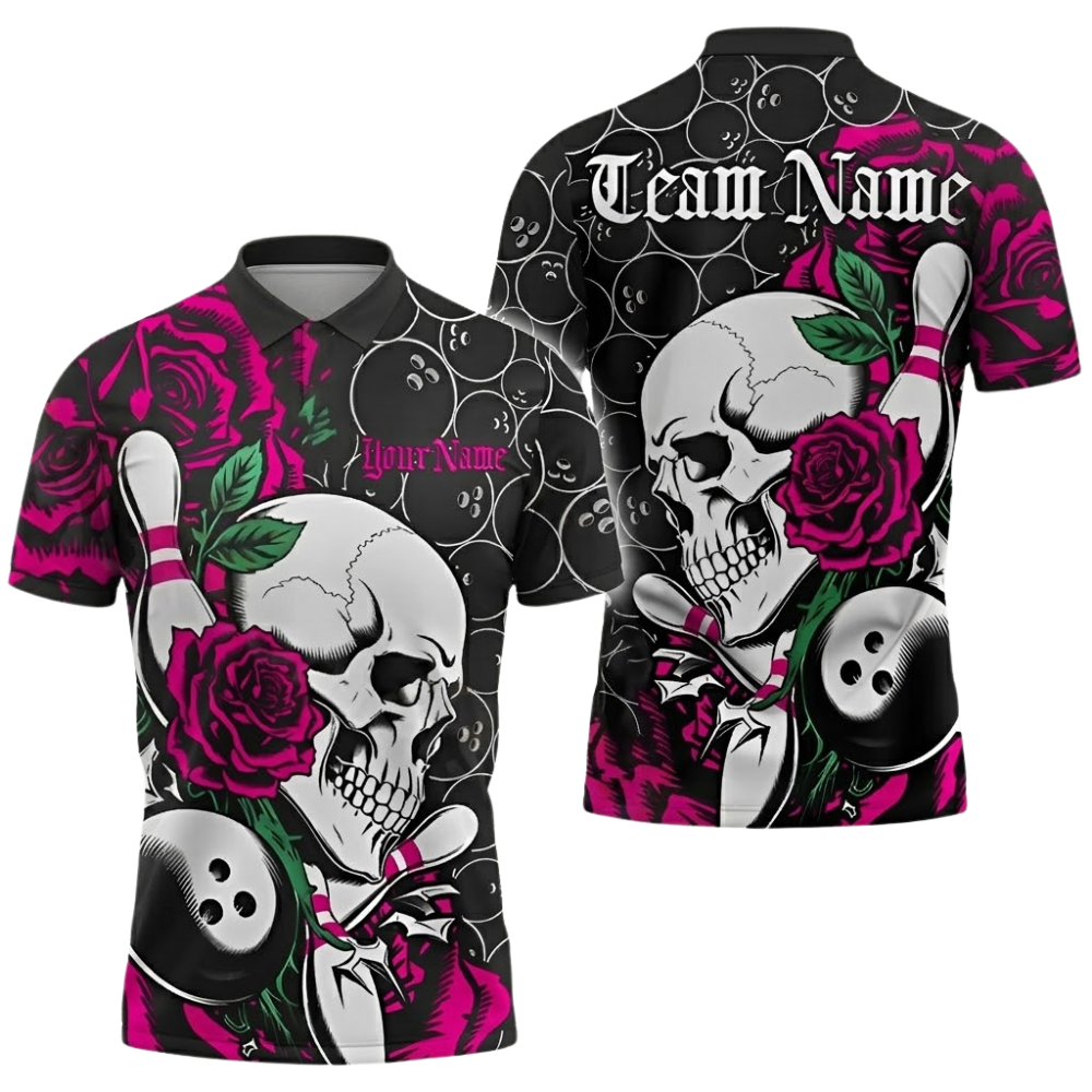 Red Rose And Skeleton Custom Bowling Men Polo Shirt, Custom Skull Bowling Shirts Team BZ0684