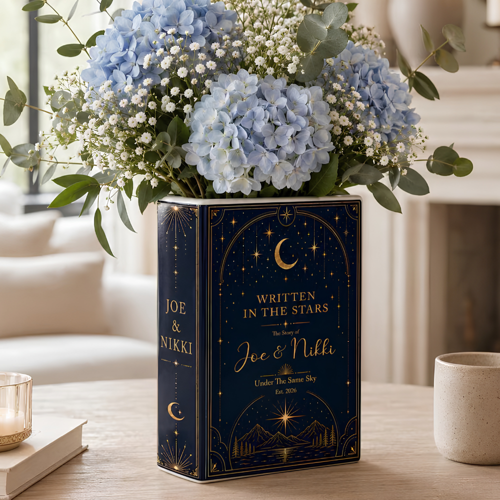 Personalized Written In The Stars Mid Night Wedding Ceramic Book Vase, Custom Celestial Wedding Book Vase WD0580