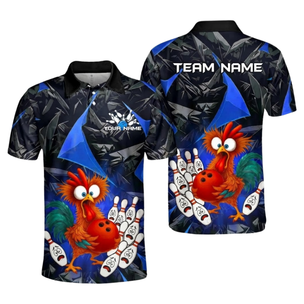 Custom Red Funny Chicken Men's Bowling Polo Shirts, Custom Chicken Bowling Team Shirts BZ1082