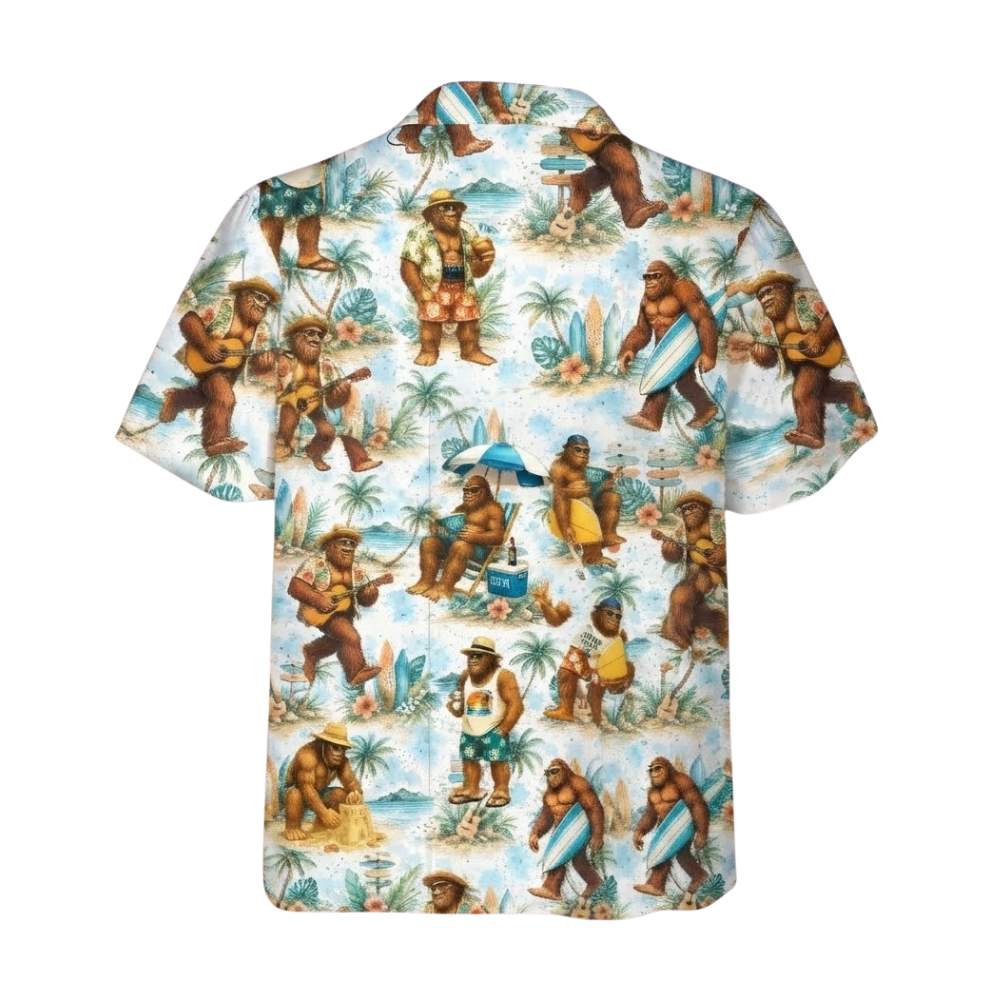 Bigfoot Surfing Beach Men's Hawaiian Shirt, Sasquatch Tropical Hawaiian Shirts HE0588