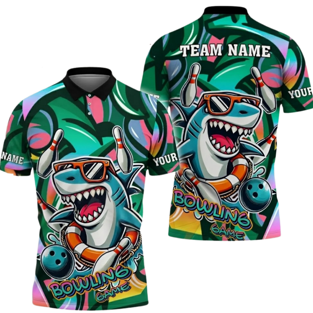 Funny Shark Custom Graffiti Bowling Mens Polo Shirt, Custom Shark Bowling Shirts Team BZ0665