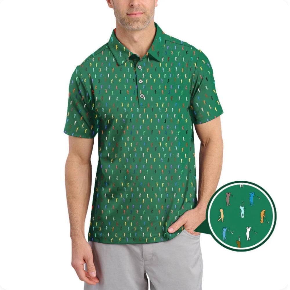 Swinging Golfer Pattern Green Golf Polo Shirt For Men, Green Golf Shirts GZ0250