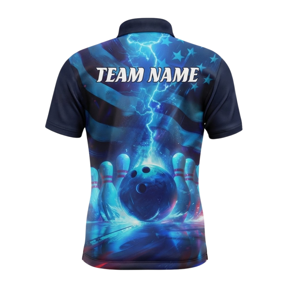Custom American Flag Thunder Blue Bowling Polo Shirt Men, Custom Patriotic Bowling Shirt Team BZ0765