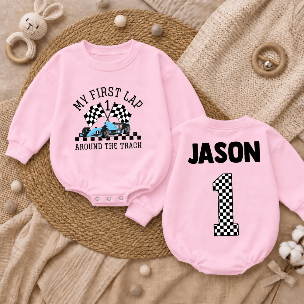 My First Lap Around The Track Custom Baby Romper Sweatshirt, Personalized Baby Race Car Love Romper Sweater BB0970