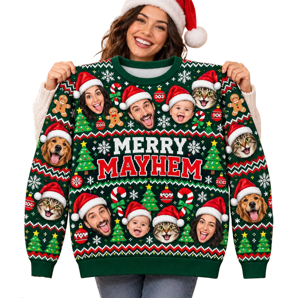 Merry Mayhem Custom Family Faces Christmas Ugly Sweater, Custom Photo Ugly Christmas Sweatshirt 2D1214