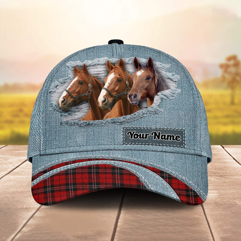Brown Horse Red Caro And Jeans Pattern Customized Name Cap CA0166