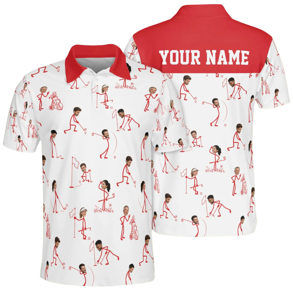 Custom Face Stick Figure Golf Mens Polo Shirt, Custom Funny Photo Golf Shirts GE0595