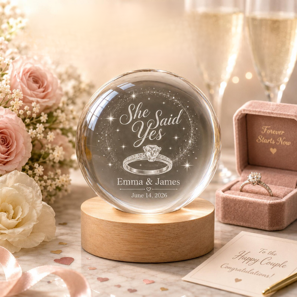 She Said Yes Custom Couple Egagement Crystall Ball Led Night Light, Custom Engagement Keepsake Night Light WD0859