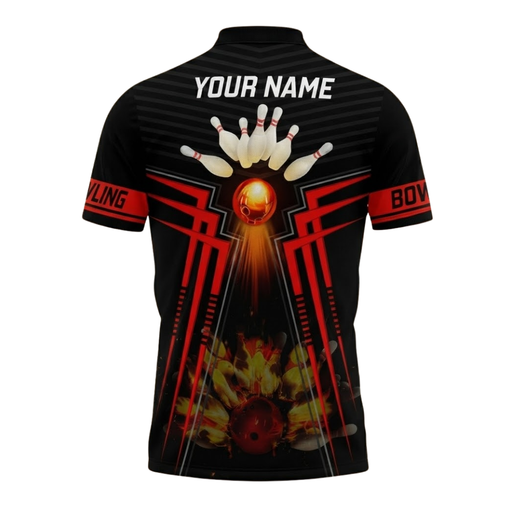 Custom Flame Red And Black Bowling Polo Shirt For Men, Custom Name Flame Bowling Team Shirts BZ0748